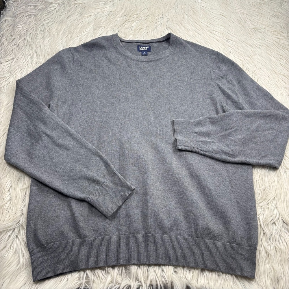 Lands' End Men's L Gray Fine Gauge 100% Cotton Crew Neck Sweater Preppy Heritage